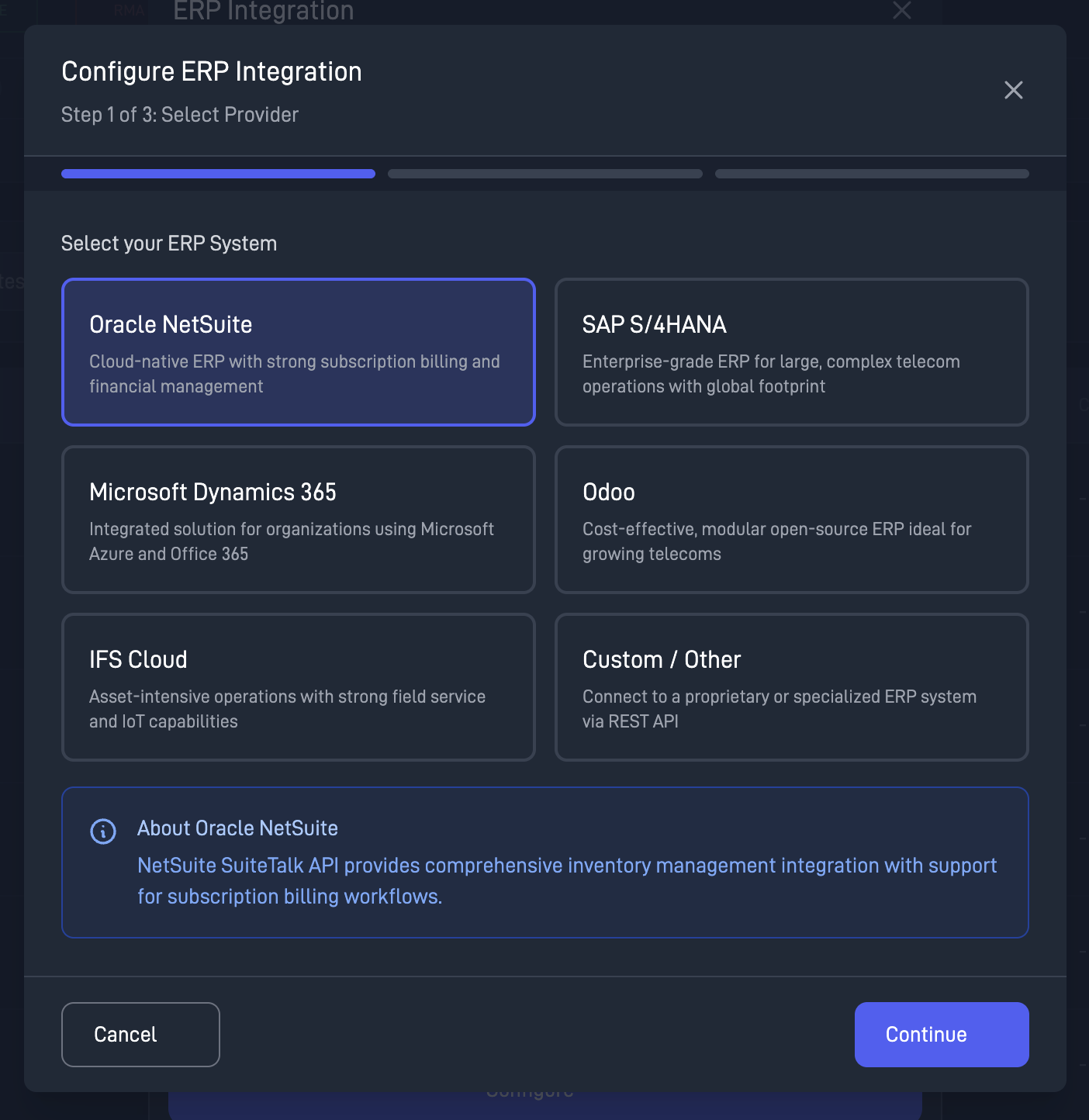 Starfleet Hub ERP integration setup with Oracle NetSuite, SAP S/4HANA and Dynamics 365 options