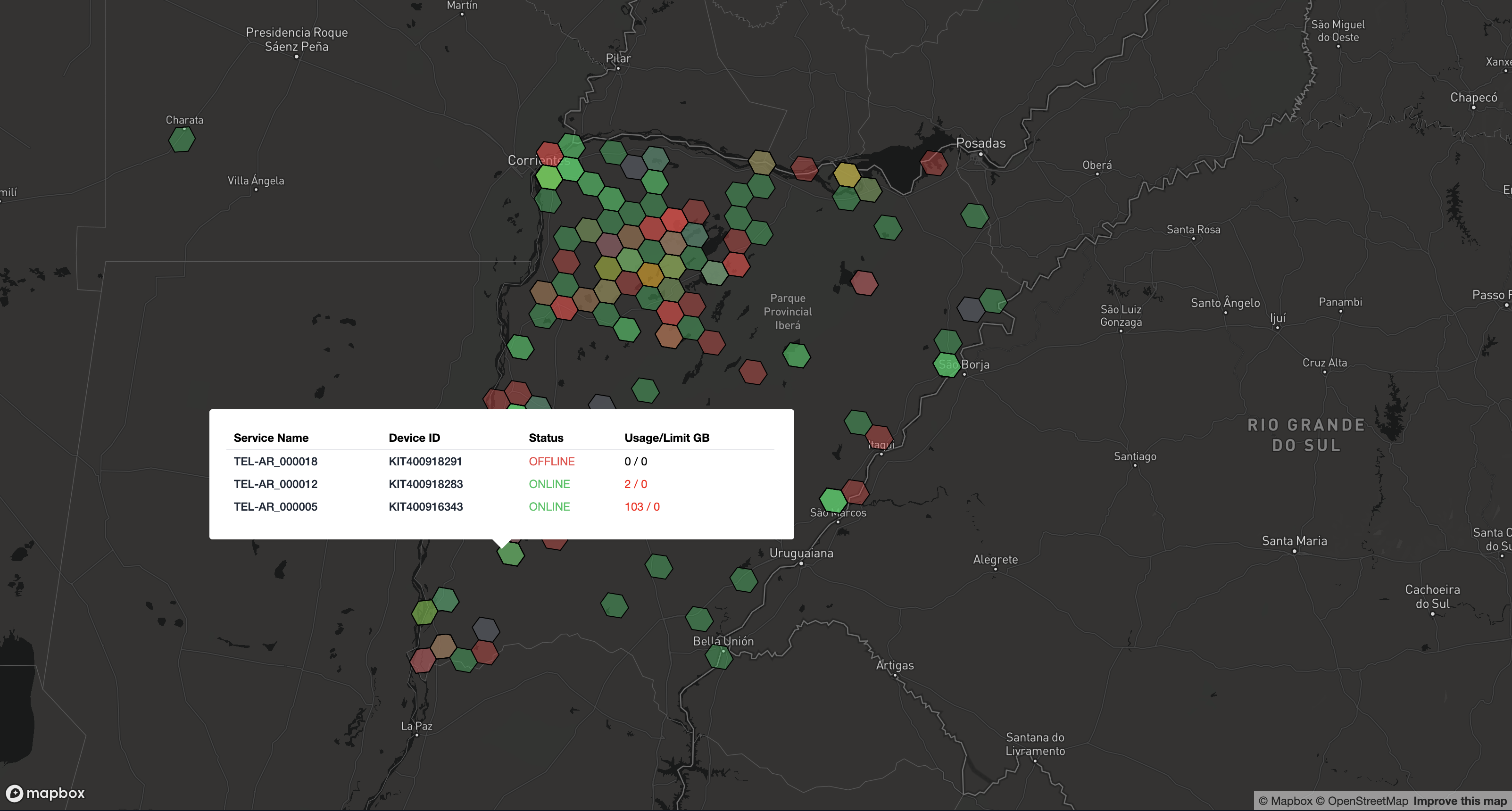 Starfleet Hub map view of Starlink kit locations with live online status and data usage