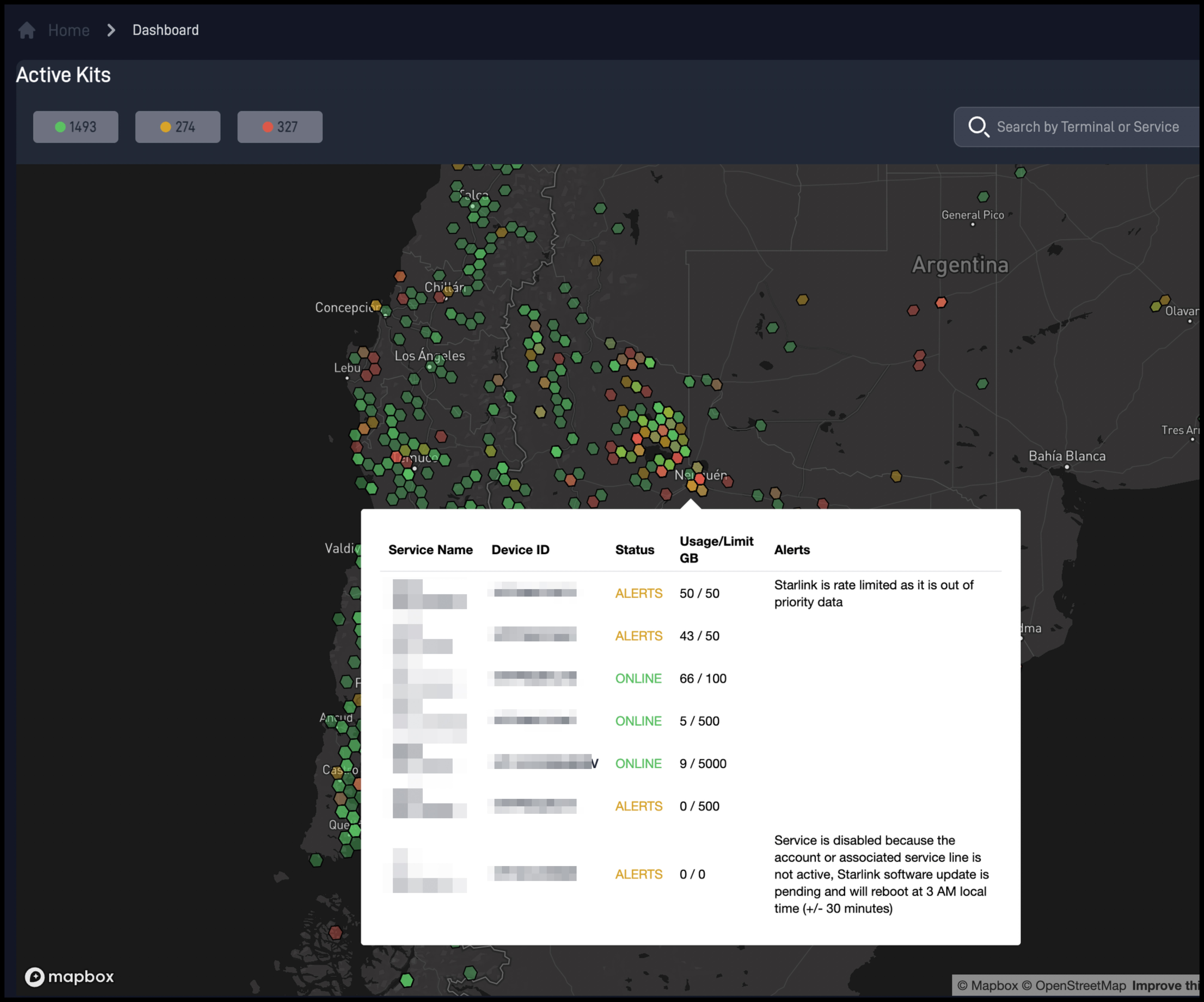 Starfleet Hub map dashboard showing active Starlink kits with live status and data usage