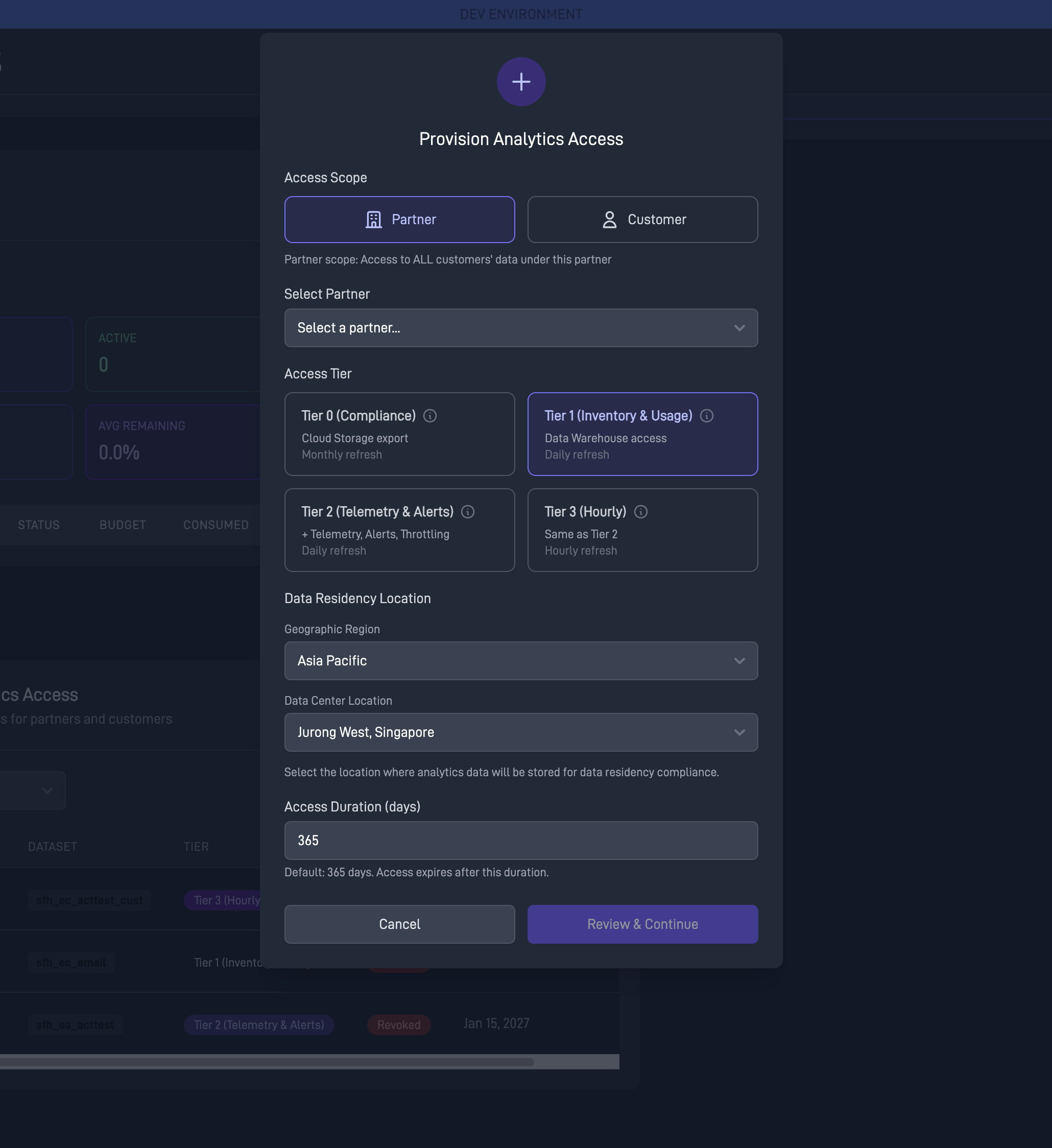 Starfleet Hub dialog for provisioning analytics access with tiers and data residency options