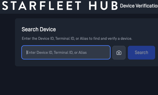 Device verification screen where an installer searches by device ID, terminal ID, or alias, with a camera button for barcode scanning