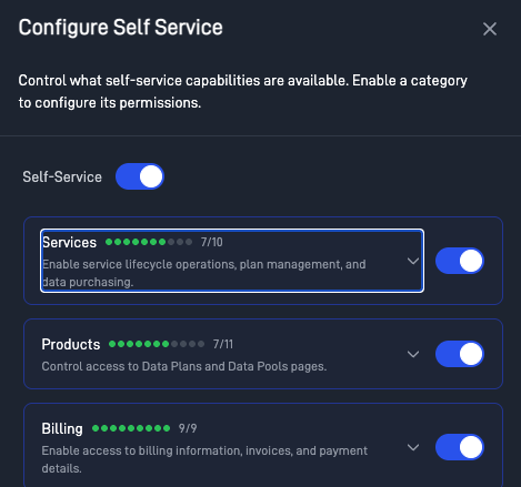 Configure Self Service dialog with a master toggle and per-category permission counts for services, products, and billing